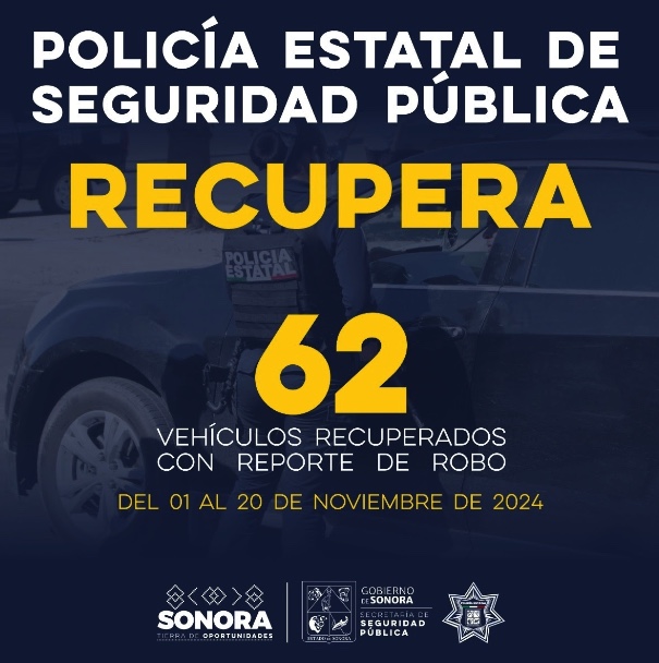 Gobierno de Sonora recupera 62 vehículos con reporte de robo en operativos de SSP